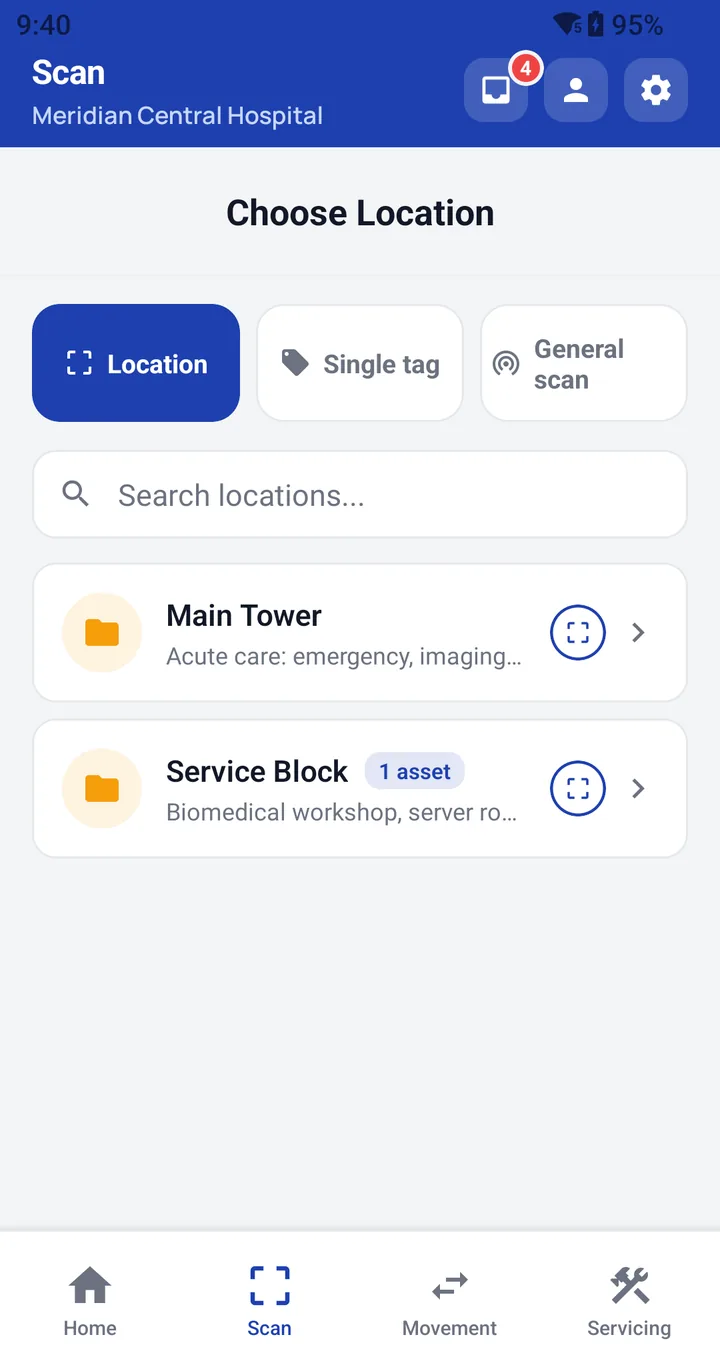 Neuoli handheld app: choosing a location to scan